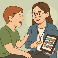 Alt Text: Illustration of a smiling parent talking to a female speech therapist while holding a clipboard, representing a positive testimonial.